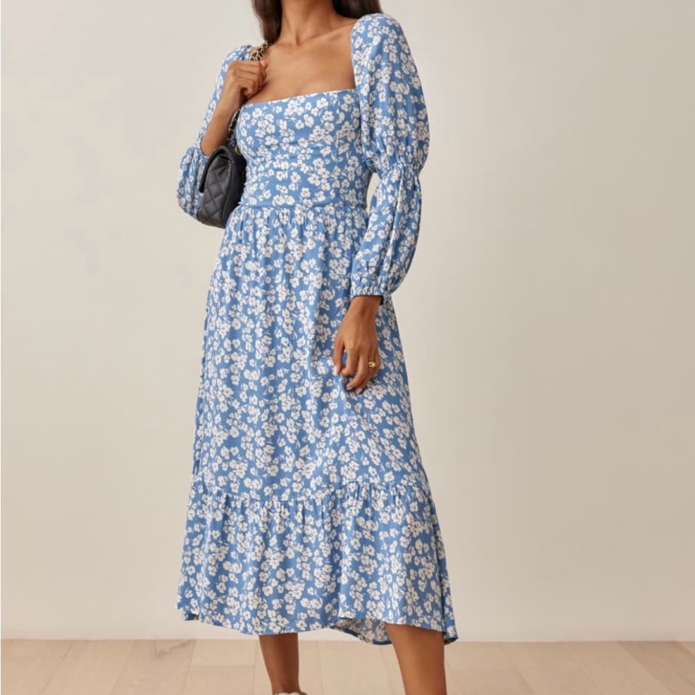 Reformation, Blue and White Floral Dress, Size 10